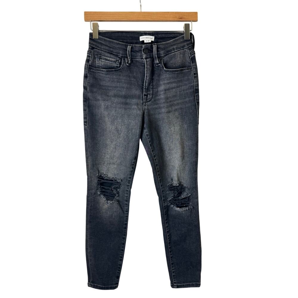Good American Good Legs Straight jeans faded black wash distressed Grunge Punk